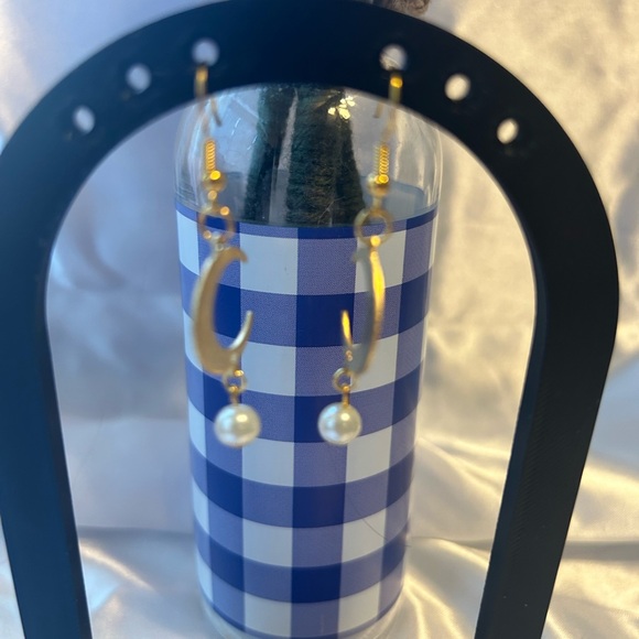 Gold Crescent Moon Earrings with Pearl Drop - Picture 2 of 2